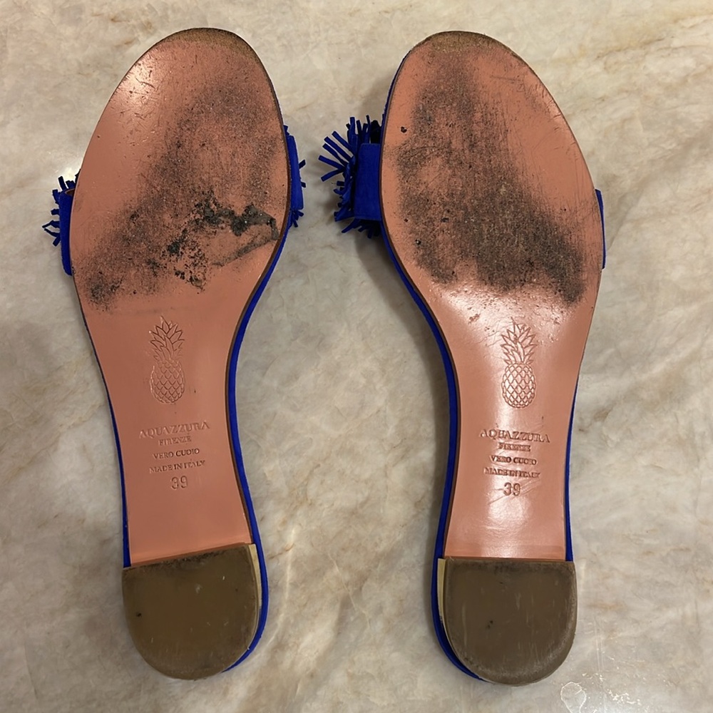 Aquazzura Blue Suede Fringe Slide Sandals - Picture 3 of 3